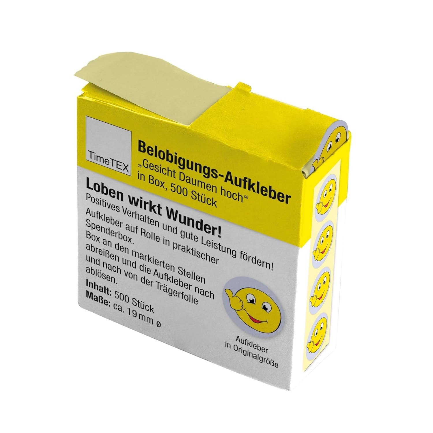 Bild von TimeTEX - Belobigungs-Aufkleber "Gesicht Daumen hoch" | Lehrersticker für motivierendes Feedback | 500 Sticker in praktischer Spender-Box | 1 Motiv | 19 mm ø