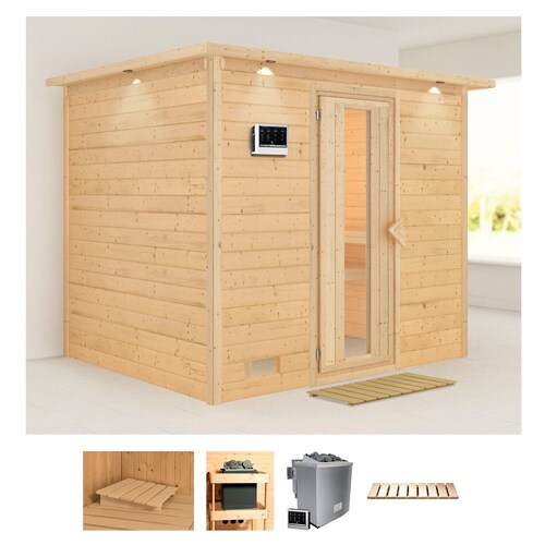 Bild von Karibu Sauna Soraja, BxTxH: 259 x 210 x 205 cm, 40 mm, (Set) 9-kW-Bio-Ofen mit externer Steuerung