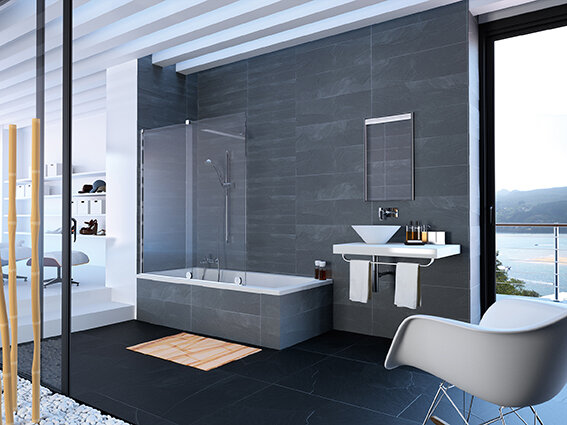 Bild von HÜPPE Xtensa pure Badewannenabtrennung Gleittür 1teilig mit festem Segment Breite:140cm Anschlag links, Duschkabinen: Profilfarbe Black Edition Glas ESG Spiegelglas