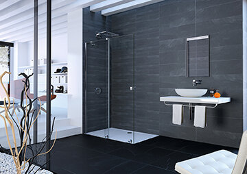 Bild von HÜPPE Xtensa pure Walk-In Gleittür 1teilig, mit festem Segment, Breite:100cm, Anschlag links, Stabilisationsbügel, XT0121, Duschkabinen: Profilfarbe Black Edition Glas ESG Sand Plus Siebdruck