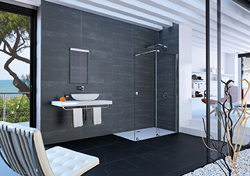 Bild von HÜPPE Xtensa pure Walk-In Gleittür 1teilig, mit festem Segment, Breite:110cm, Anschlag rechts, Querbügel, XT0202, Duschkabinen: Profilfarbe silber hochglanz Glas ESG Sand Plus Siebdruck