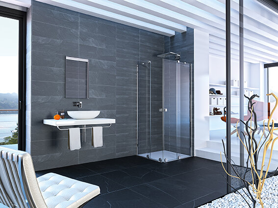 Bild von HÜPPE Xtensa pure Gleittüreckeinstieg 2teilig (1/2), Breite:80cm, Anschlag rechts, XT1402, Duschkabinen: Profilfarbe silber hochglanz Glas ESG Sand Plus Siebdruck mit ANTI-PLAQUE