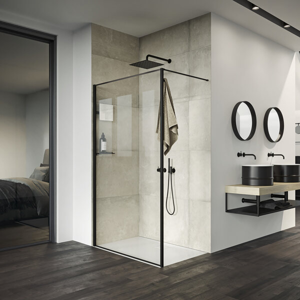 Bild von HÜPPE Select+ Frame Seitenwand alleinstehend, Querbügel, 6mm Glasstärke, Breite 1200mm, SL0405, Duschkabinen: Profilfarbe Black Edition Glas ESG klar mit ANTI-PLAQUE