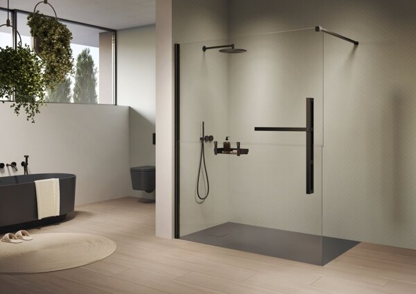 Bild von Hüppe Duplo pure Walk-In 4-Eck Seitenwand 1teilig, Breite:120cm, Linksbefestigung, DT0002, Duschkabinen: Profilfarbe Black Edition Glas ESG Sand Plus