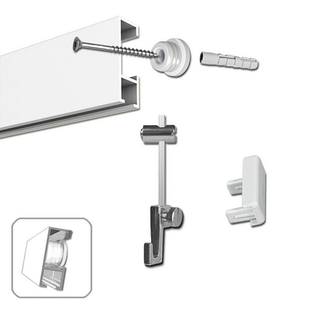 Bild von Bilderrahmen Neumann Bilderschienenset Bilderschienen Set 8 m mit Gleiter, Galerieschienen Set in weiß, geklemmt, Jederzeit erweiterbar
