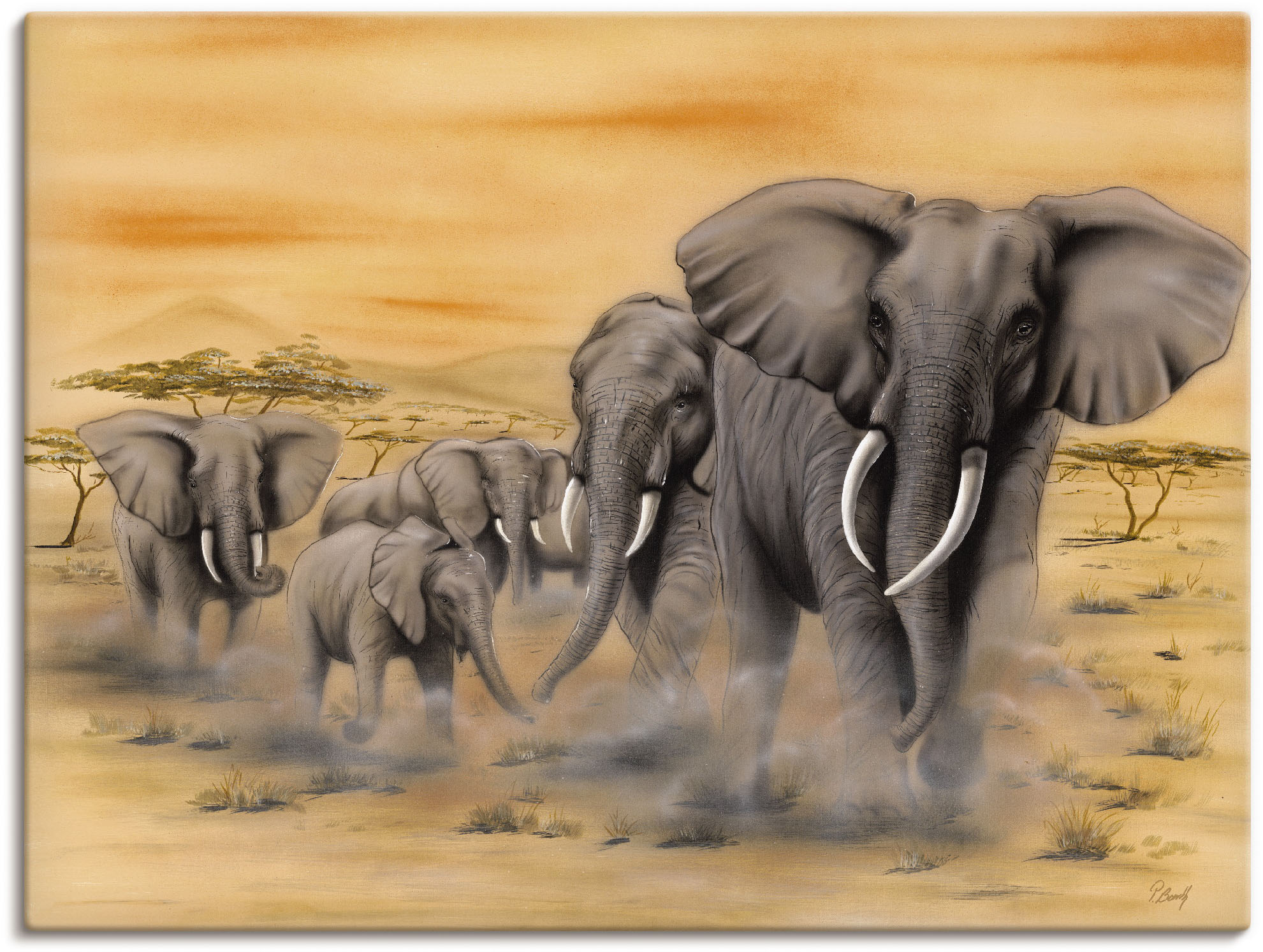 Bild von Wandbild ARTLAND "Steppenelefanten", orange, B:120cm H:90cm, Bilder, als Alubild, Outdoorbild, Leinwandbild, Poster, Wandaufkleber