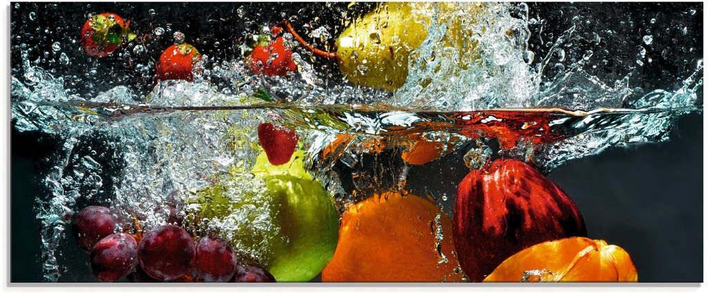 Bild von Glasbild ARTLAND "Spritzendes Obst auf dem Wasser", bunt, B:125cm H:50cm, Bilder, in verschiedenen Größen