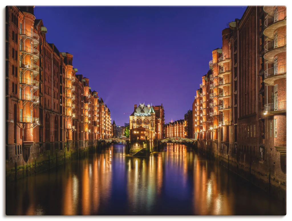 Bild von Leinwandbild ARTLAND "Hamburg Speicherstadt bei Nacht", gold (goldfarben), B:120cm H:90cm, Canvas, Leinwand, Bilder, auf Keilrahmen gespannt