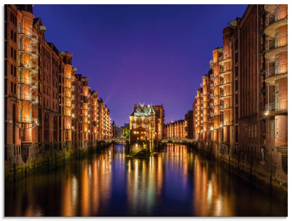 Bild von Glasbild ARTLAND "Hamburg Speicherstadt bei Nacht", gold (goldfarben), B:80cm H:60cm, Bilder, in verschiedenen Größen