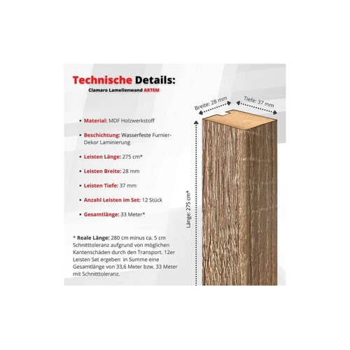 Bild von Clamaro Wandpaneel Lamellenwand Set 12 Stück mit Rückwand Holzlamellen 2750x28x37 mm
