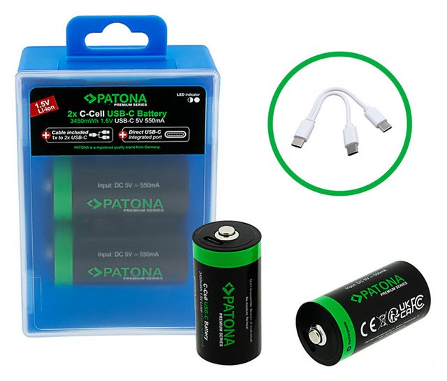 Bild von Patona 2 USB-C Batterien LR14 Baby C Akkus Lithium mit 3450mWh 1.5V Batterie, aufladbar mit 1 zu 2 USB-C Ladekabel (im Lieferumfang enthalten)