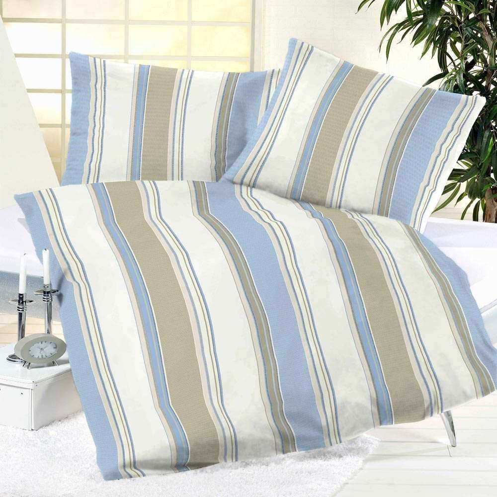 Bild von Microfaser Bettwäsche Blau Creme Streifen 200x200 cm + 2Stk 80x80 cm