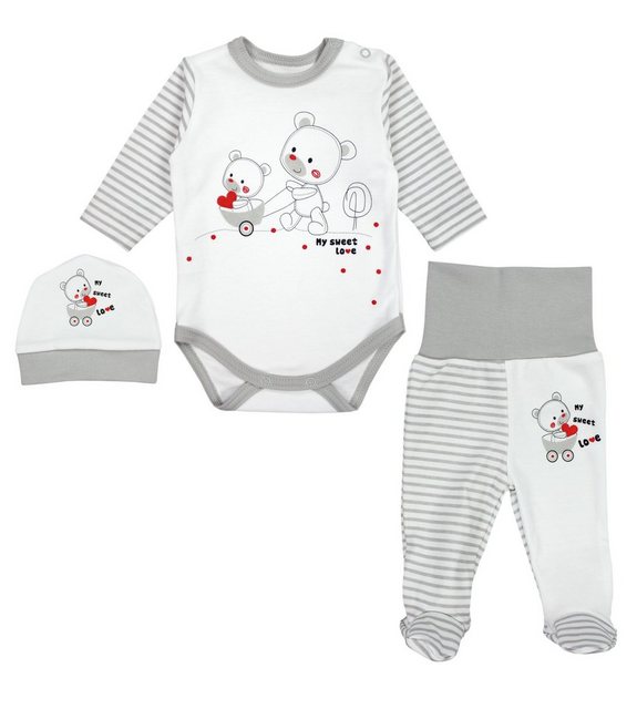 Bild von TupTam Baby Mädchen Jungen Bekleidungsset Langarmbody Hose Mütze mit Aufdruck Spruch 3 teilig, Farbe: Streifenmuster Grau/Bärchen Herz, Größe: 50