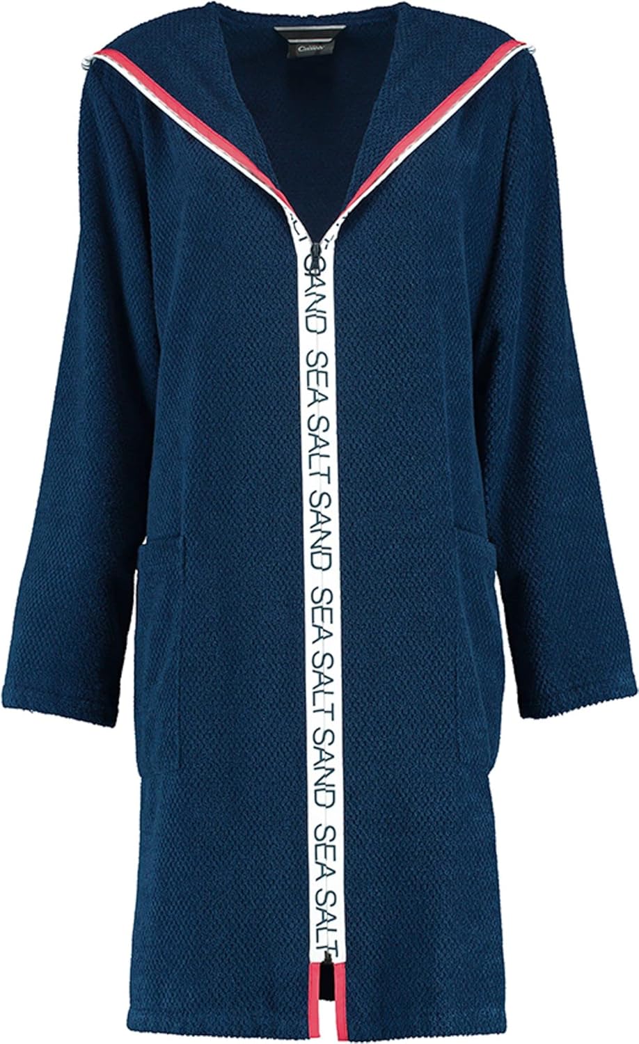 Bild von Cawö Damen-Kurzmantel mit Kapuze und Reißverschluss 3101 Farbe Navy Größe XS Morgenmantel Schrift