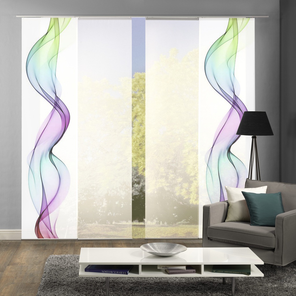 Bild von HOME WOHNIDEEN 80265 Schiebegardine Alberta, Digitaldruck Seidenoptik, 245x60 cm, Set, Farbe:Multicolor, Größe:245 x 60 cm, Anzahl:4er Set (2X Bedruckt, 2X Uni)
