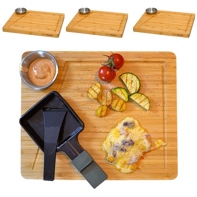 Bild von DuneDesign 4 Personen Raclette Teller Set - 30x25 Raclette Brettchen Holz mit Dipschale - Raclette Pfännchen Untersetzer Holz Raclette Holzbrettchen Untersetzer Raclette Pfännchen Zubehör für Raclette