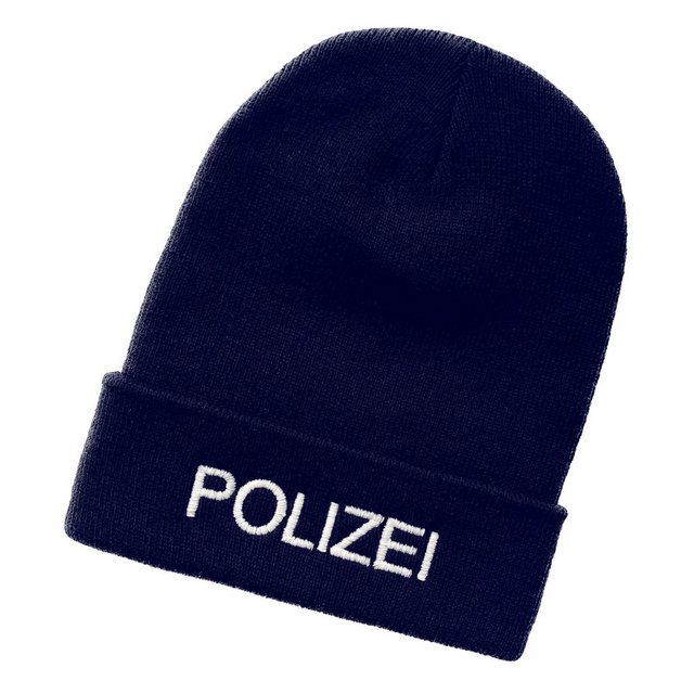 Bild von Schnoschi Dunkelblaue Strickmütze mit breitem Umschlag (Beanie Mütze) mit Polizei Bestickt für Herren, Damen, Jugendliche und Kinder