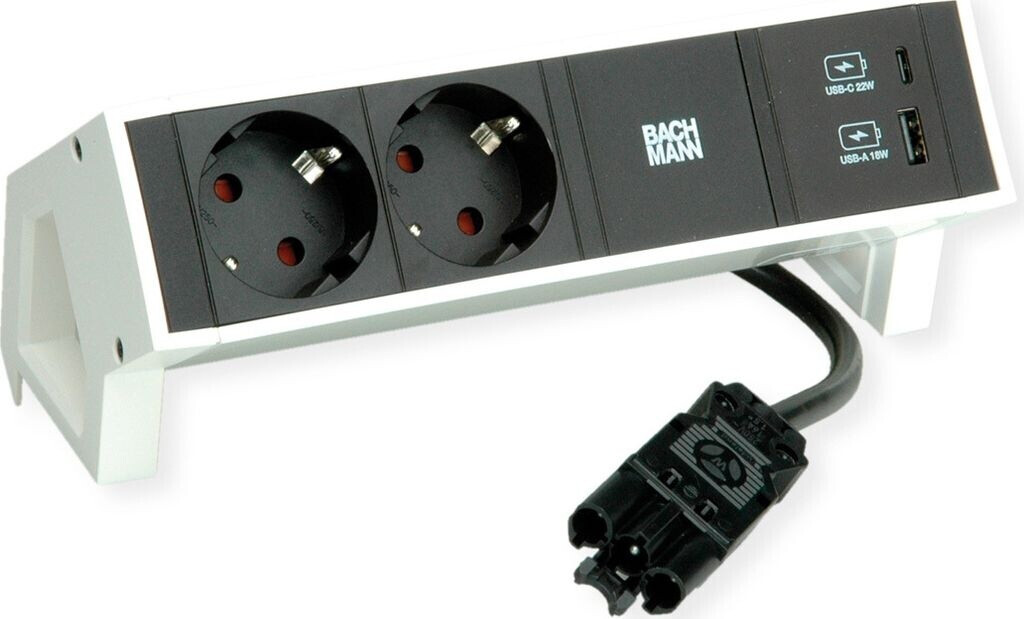 Bild von Bachmann DESK2 Steckdosenleiste, Farbe weiss, ähnlich RAL9010, 2xSchutzkontaktsteckdosen schwarz, 1xUSB A&C 22W Lader, Zuleitung 0,2m H05VV-F3G1,5mm² schwarz mit GST18i3 Stecker, inkl. Haltewinkel, verpackt im Karton (902.932)