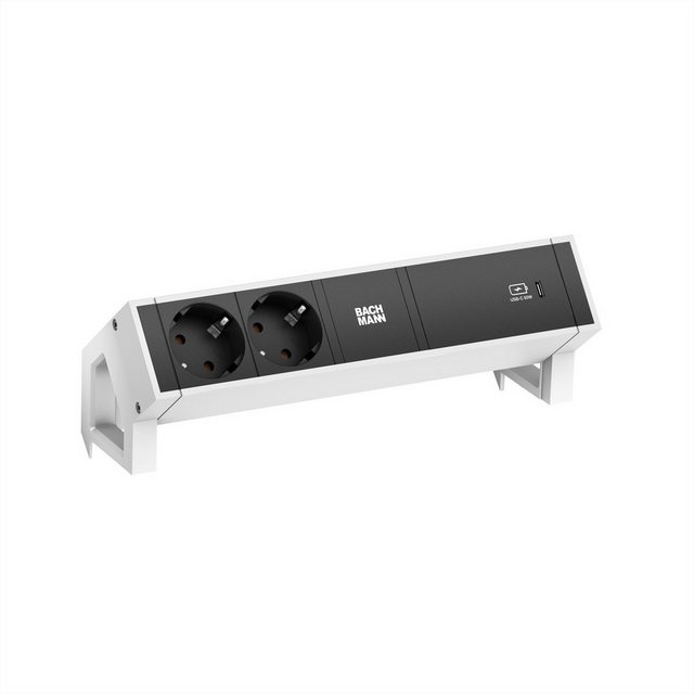 Bild von Bachmann DESK2 Steckdosenleiste Farbe weiss, ähnlich RAL9010 mit erhöhtem Berührungsschutz 2xSchutzkontaktsteckdosen schwarz 1xUSB C 60W Charger Zuleitung 0,2m H05VV-F3G1,5mm² schwarz mit GST18i3 Stecker inkl. Haltewinkel Logo verpackt im Karton (902.934)