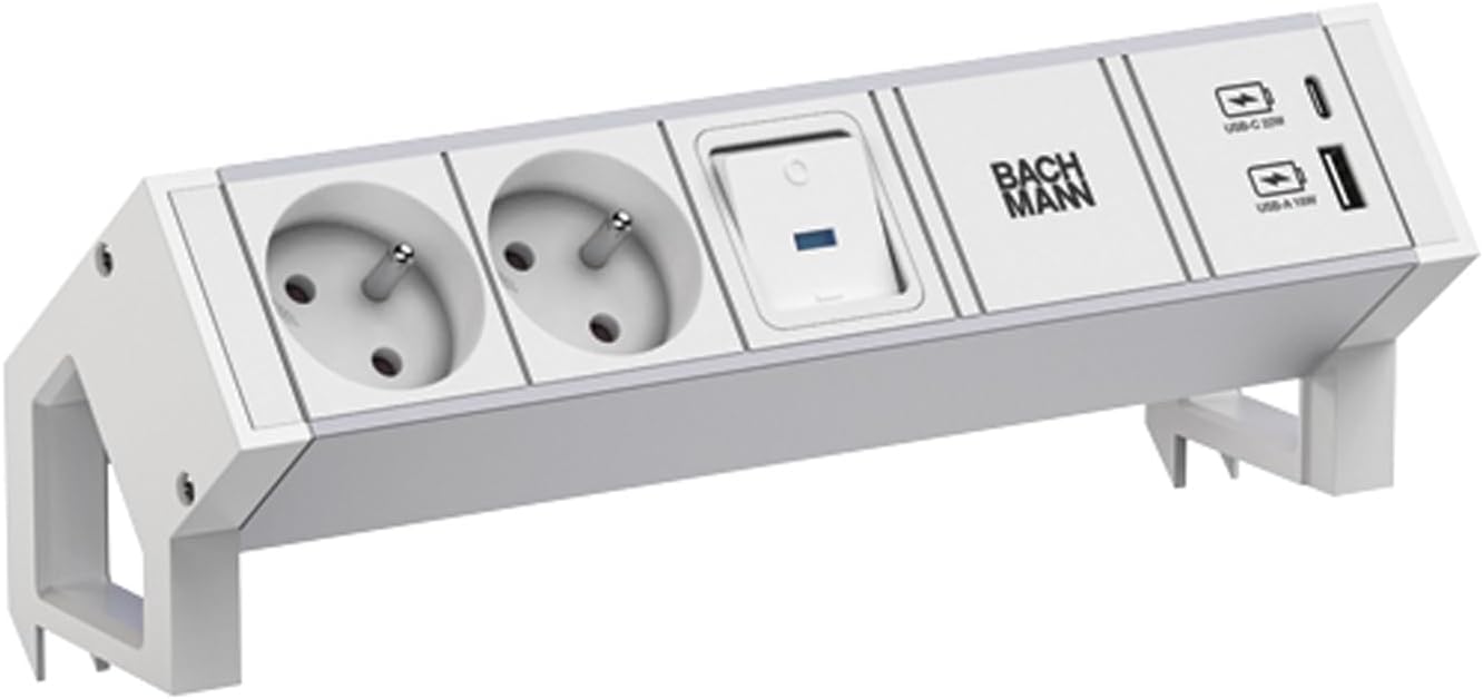 Bild von Bachmann DESK2 ALU WHITE 2xUTE 1xUSB A/C 22W 1xSchalter 0,2m Steckdosenleiste (Kabellänge 0.2 m)