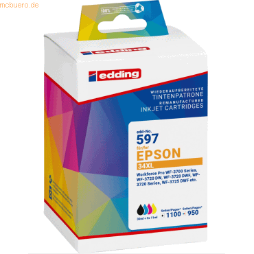 Bild von Edding, Druckerpatrone, EDD-597 schwarz, cyan, magenta, gelb Druckerpatronen kompatibel zu EPSON 34XL / T3476XL, 4er-
