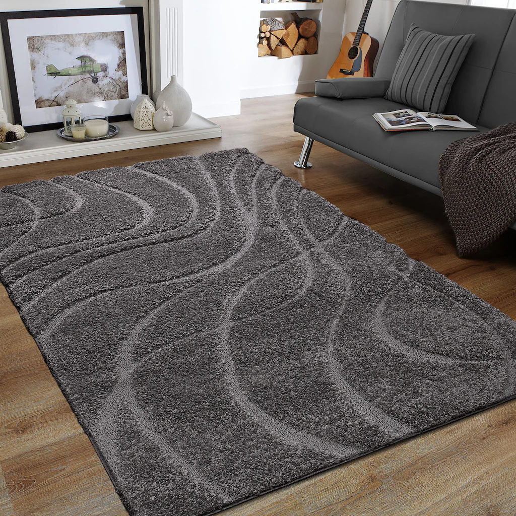 Bild von SANAT Wohnzimmer Teppich - Luxus Shaggy Nicht-schuppend Teppich, Wohnzimmer Schlafzimmer Esszimmer Eingangsbereich Teppiche, Welle Grau 200 x 280 cm