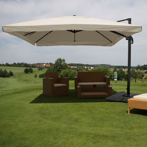 Bild von Gastronomie-Ampelschirm MCW-A96, 3,5x3,5m (Ø4,95m) Polyester Alu/Stahl 25kg ~ Flap, creme-grau mit Ständer, drehbar