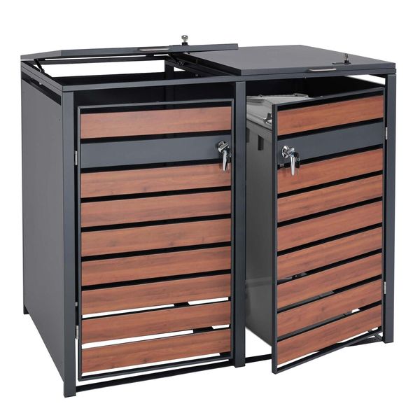 Bild von 2er Mülltonnenverkleidung MCW-J81, Mülltonnenbox, erweiterbar, Metall 50kg, anthrazit ~ Kirsche-Holzoptik dunkelbraun