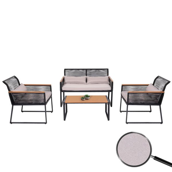 Bild von Garten-Garnitur MCW-K42, Gartenlounge Lounge-Set Sitzgruppe Sofa, Seilgeflecht Rope Holzoptik Stahl, Polster hellgrau