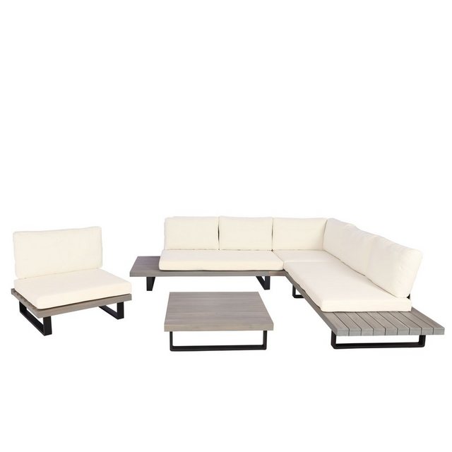 Bild von Garten-Garnitur mit Sessel MCW-H54, Lounge-Set Sofa, Spun Poly Akazie Holz MVG Aluminium ~ grau, Polster cremeweiß