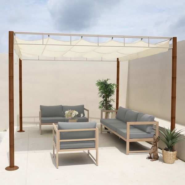 Bild von Pergola MCW-L42, Garten Pavillon Terrassenüberdachung, stabiles 7cm-Metall-Gestell 3x3m Bambus-Optik ~ creme-weiß