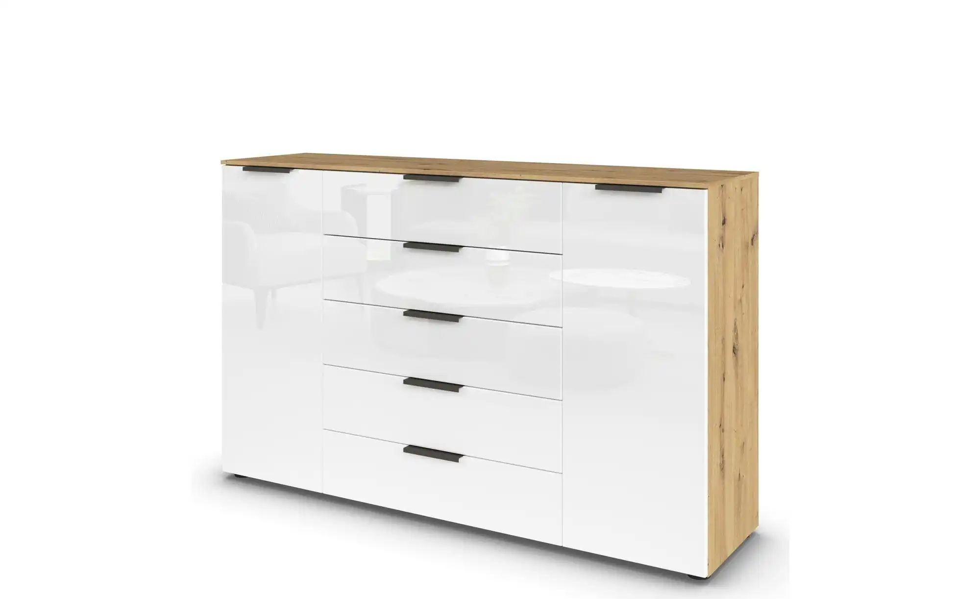 Bild von Rauch Möbel Flipp, Kombikommode, Kommode mit Stauraum für Wohnzimmer, Schlafzimmer, Flur, 4 Böden, Eiche Artisan/Glasfront Weiß, Holz, 2-türig, Glastüren, 5 Schubladen, Griffe graphit, 160x100x42cm