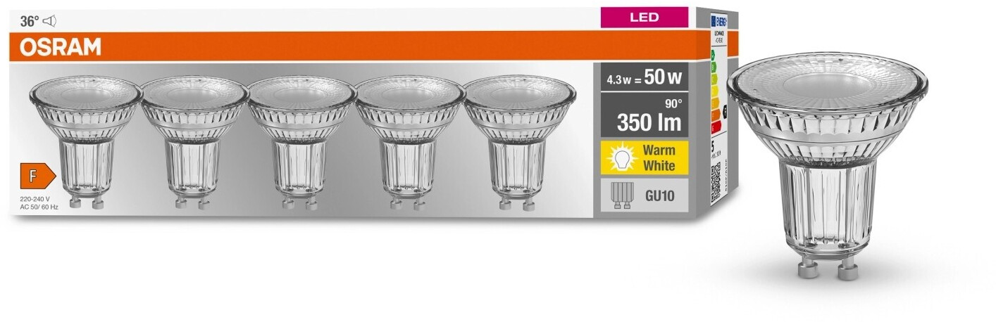 Bild von OSRAM Lamps LED Base PAR16 Reflektorlampe, Sockel: GU10, Warm White, 2700 K, 4.3 W, Ersatz für 50-W, Warmweiß 5 Stück (1er Pack)