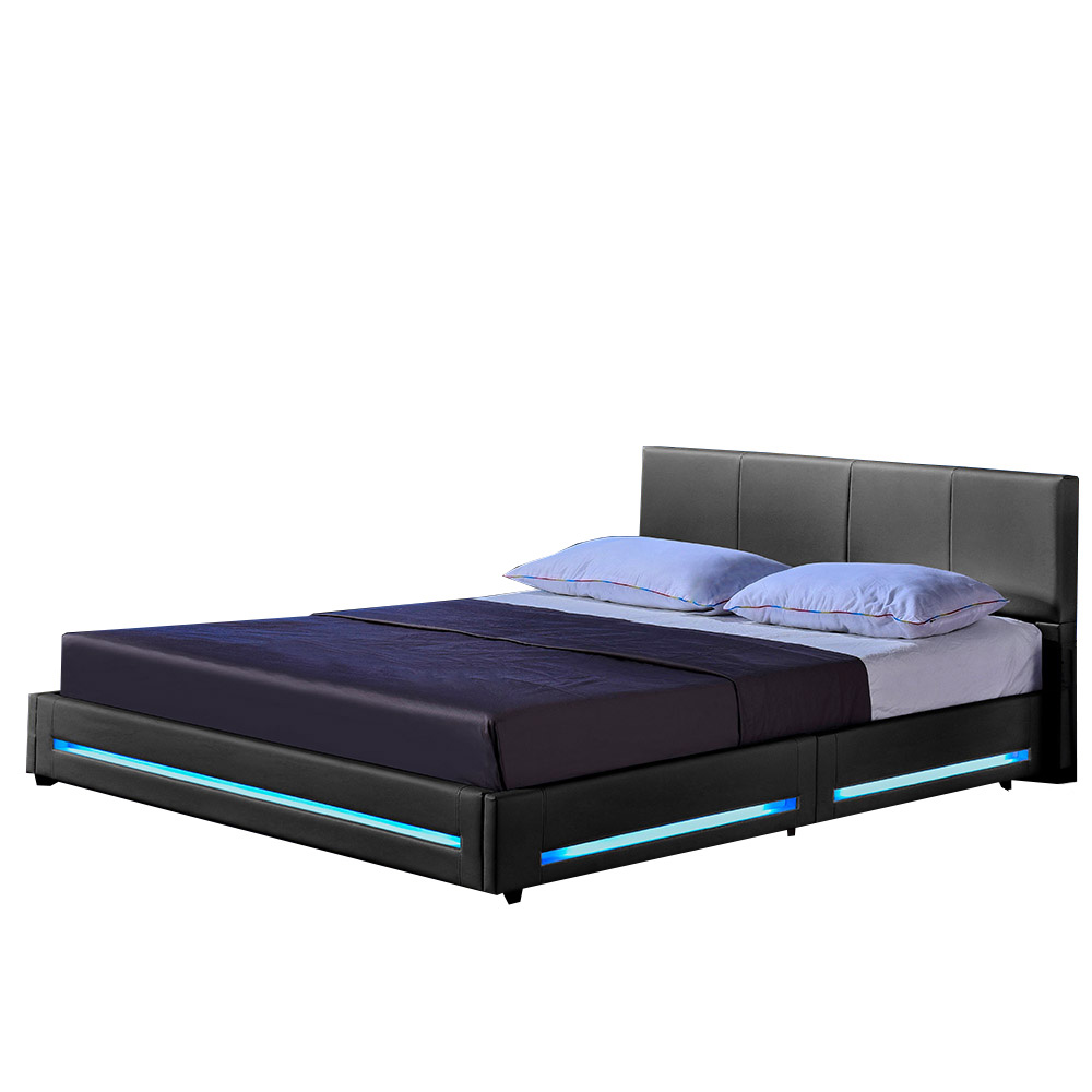 Bild von HOME DELUXE Bett LED Bett ASTEROID (Set, 3-tlg., inkl. Lattenrost, Matratze & LED Beleuchtung), 140 x 200 cm gepolstertes Kopfteil, Polsterbett, Kunstlederbett