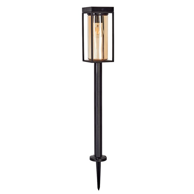 Bild von hofstein LED Solarleuchte Stehleuchte aus Metall/Glas in Schwarz/Bernsteinfarben, LED wechselbar, 2700 Kelvin, Sockelleuchte Solarpanel, Akku u. Edspieß, 200 Lumen, Höhe 75cm, IP44