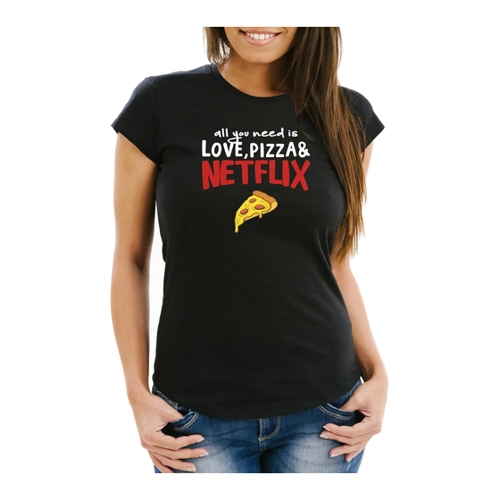 Bild von MoonWorks Damen T-Shirt "All You Need is Love, Pizza and Netflix"