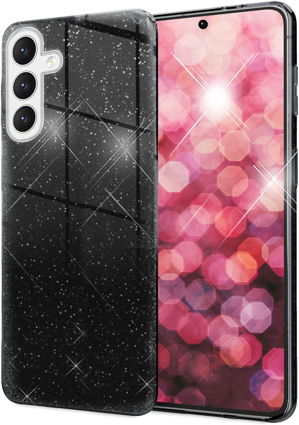 Bild von NALIA Stabile Glitzerhülle kompatibel mit Samsung Galaxy S24 Hülle, Glänzende Hybrid Schutzhülle mit verstärktem Silikon, Stoßfeste Funkelnde Glitzer Handyhülle, Glamour Schutz Cover, Farbe:Schwarz