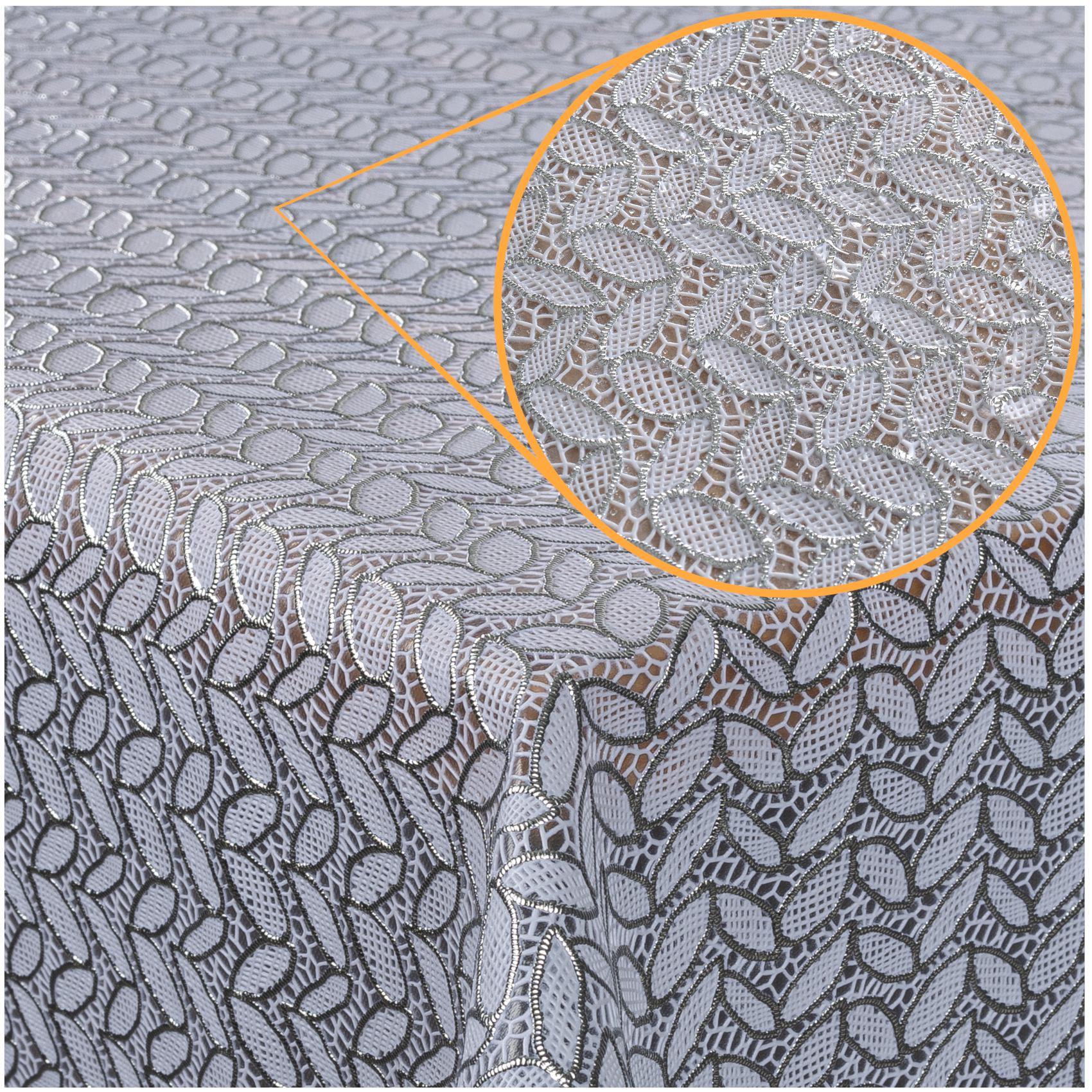 Bild von Abwaschbare Tischdecke Lace Vinyl Häkelspitze Optik Spitzentischdecken Blätterchen Silber 100x138cm