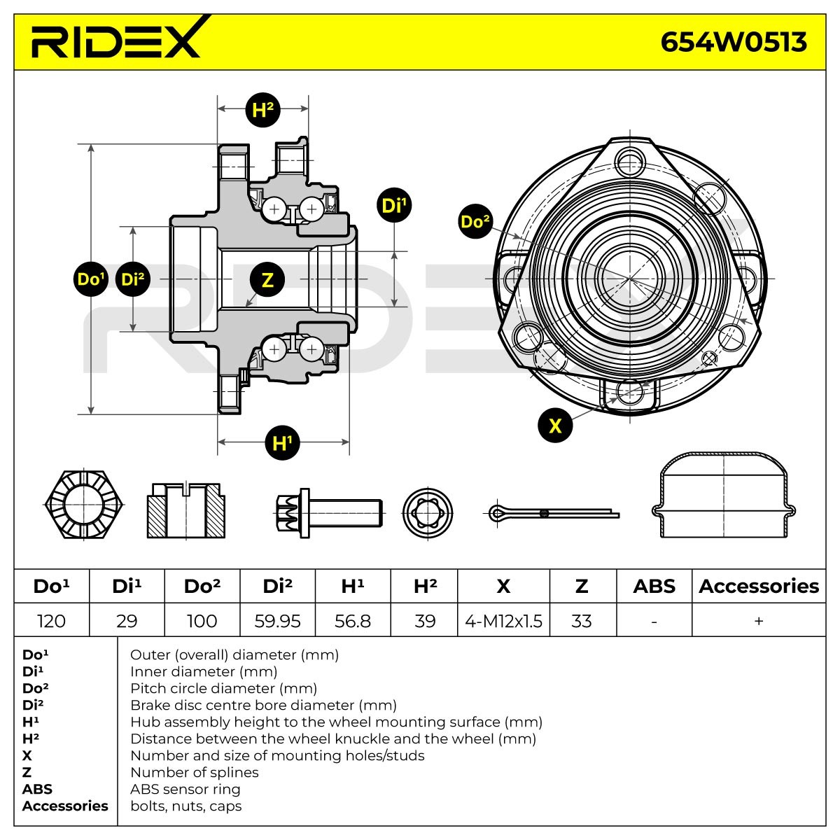 Bild von RIDEX 654W0513 Radlagersatz Vorderachse beidseitig Radlager in Radnabe integriert, mit Schrauben 120, 56,5 Schrägkugellager OPEL: Zafira A