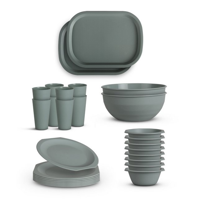 Bild von ProHome Frühstücks-Geschirrset Kunststoff-Mehrweg Set (28-tlg), 8 Personen, BPA-Freier Kunststoff, Bruchfest (Schüssel, Teller, Becher, Tablett) Party Set Kinder