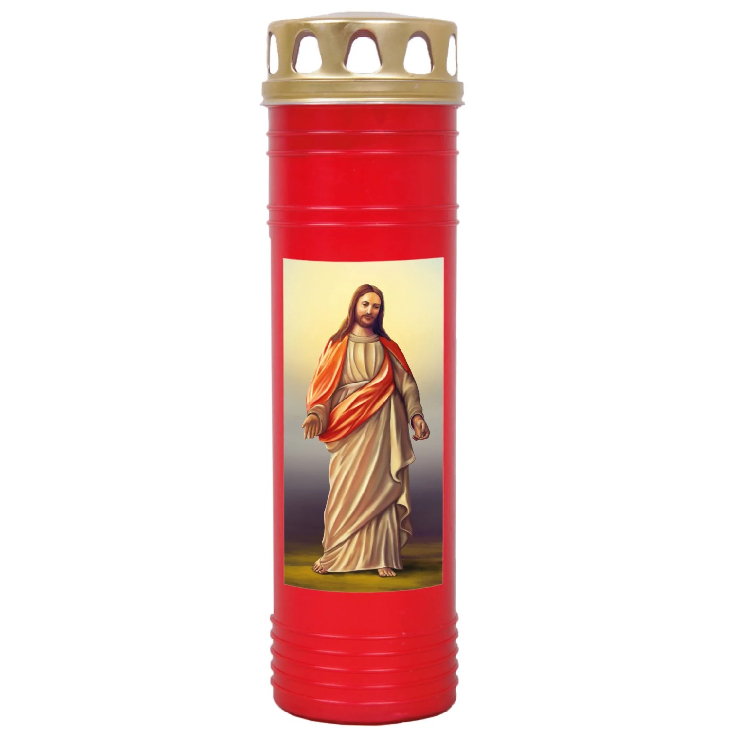 Bild von HS Candle Grabkerze Rot 170h Deckel Gold Jesus 1