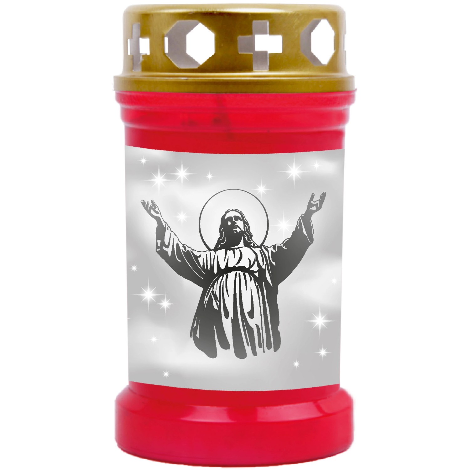 Bild von HS Candle Grabkerze Rot 40h Inkl. Deckel Gold Jesus