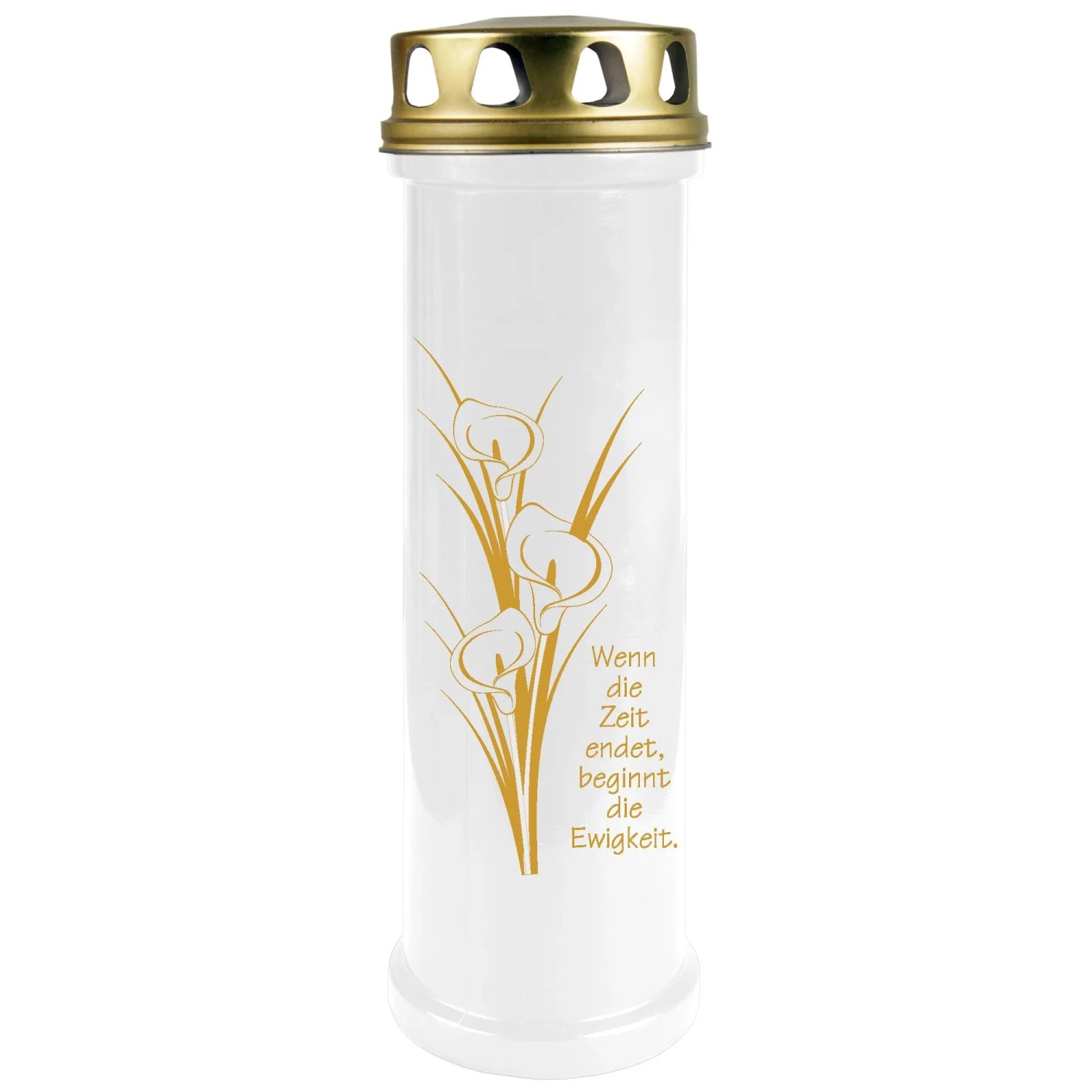 Bild von HS Candle Grabkerze Weiß 100h Deckel Und Druck Gold Calla