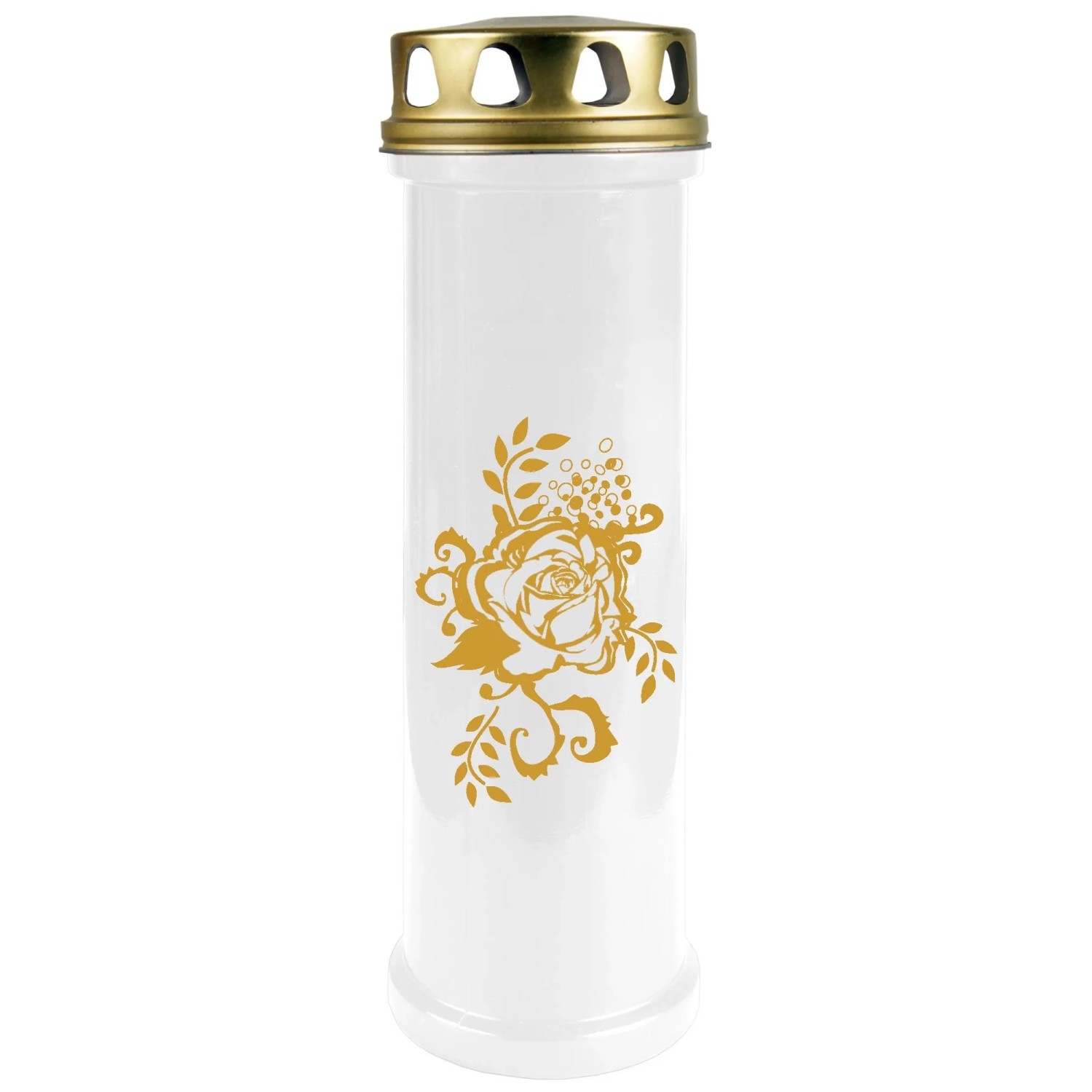 Bild von HS Candle Grabkerze Weiß 100h Deckel Und Druck Gold Rose Ranke