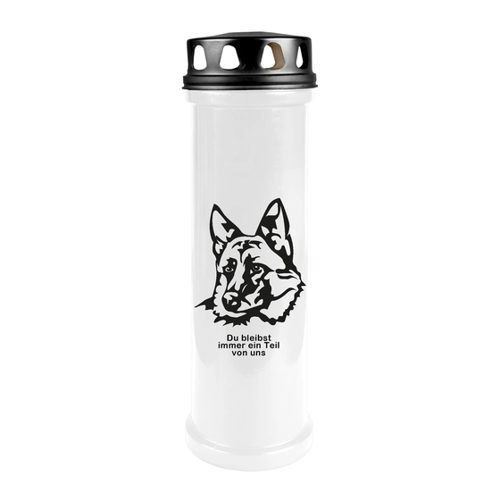 Bild von HS Candle Grabkerze Weiß 100h Deckel Schwarz Schäferhund