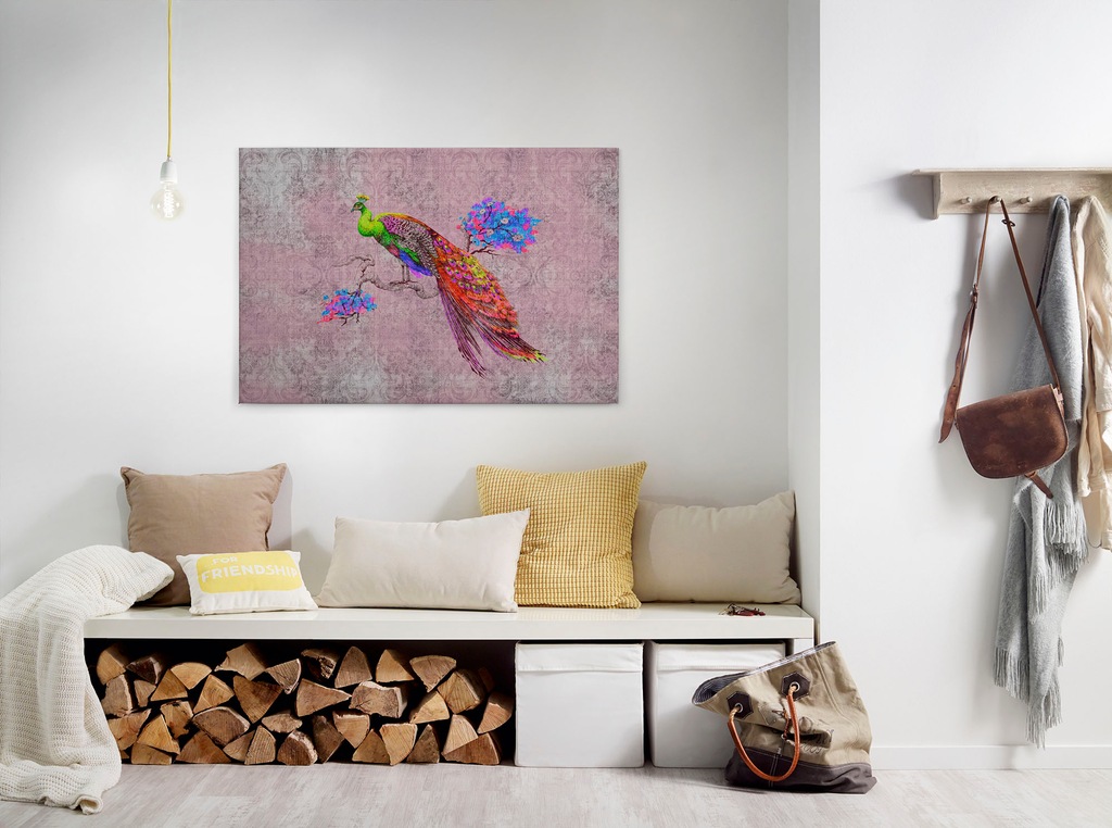 Bild von Bricoflor Pfau Bild Auf Leinwand Bunt Vogel Bild Im Vintage Stil Für Esszimmer Und Schlafzimmer Paradiesvogel Wandbild Mit Ornament In Rosa
