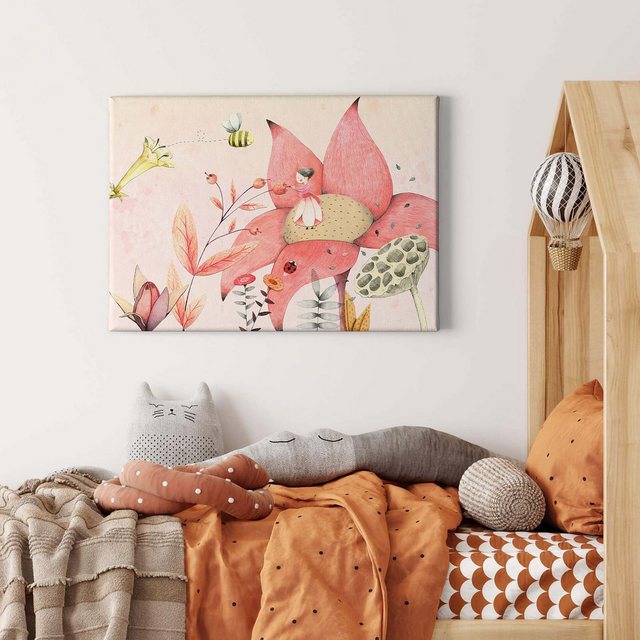Bild von Bricoflor Märchen Bild Für Kinderzimmer Leinwand Bild Mit Elfe Und Blumen Ideal Für Babyzimmer Von Mädchen Rosa Wandbild Mit Biene Und Fee