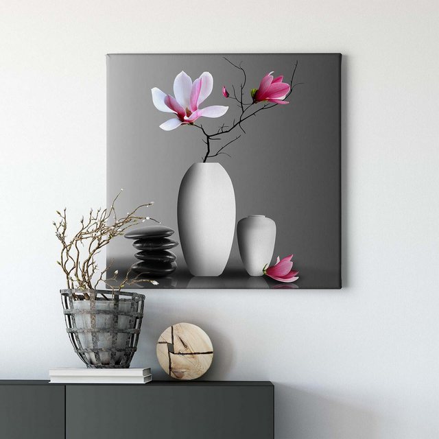 Bild von Bricoflor Badezimmer Und Flur Bild Mit Magnolie Leinwand Bild Mit Blume In Vase In Grau Und Pink Wellness Wandbild Mit Steinen Und Blüten