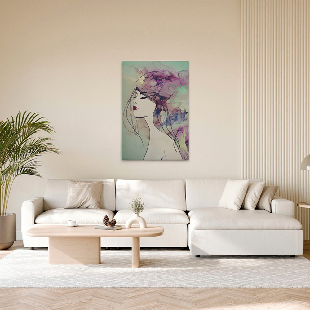 Bild von A.S. Création Leinwandbild "Lady 3 - Wandbild Bunt Grün Violett Keilrahmen Kunst", Personen, (1 St.), Canvas Aquarell Leinwand Frau Wandkunst Schlafzimmer Personen Modern
