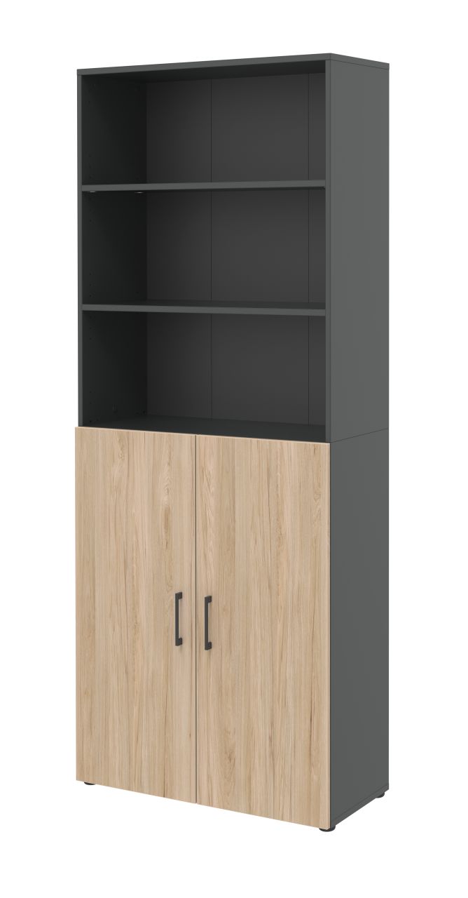 Bild von Home Office Kombischrank TEMPIO, aus Holz, 2 Türen (3 OH), 6 OH, B 800 x T 340 x H 2130 mm, anthrazit/Hickory Eiche